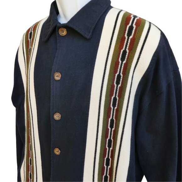 Vintage TR Edition USA Guayabera Style Knit Geo Striped Button Front Shirt L XL - Picture 1 of 8